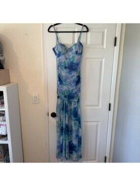 Shirred Sleeveless Bustier Slit Maxi Watercolor Mermaid Dress Size Small NWOT